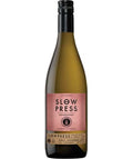 A bottle of Slow Press Rosémonday white wine, featuring a dusty pink label and a black screw cap, set against a plain white background.