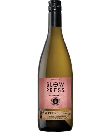 A bottle of Slow Press Rosémonday white wine, featuring a dusty pink label and a black screw cap, set against a plain white background.