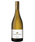 A bottle of Twenty Acres White wine, specifically Chardonnay, in a dark green glass bottle with a white label and a gold foil neck wrap, set against a plain white background.